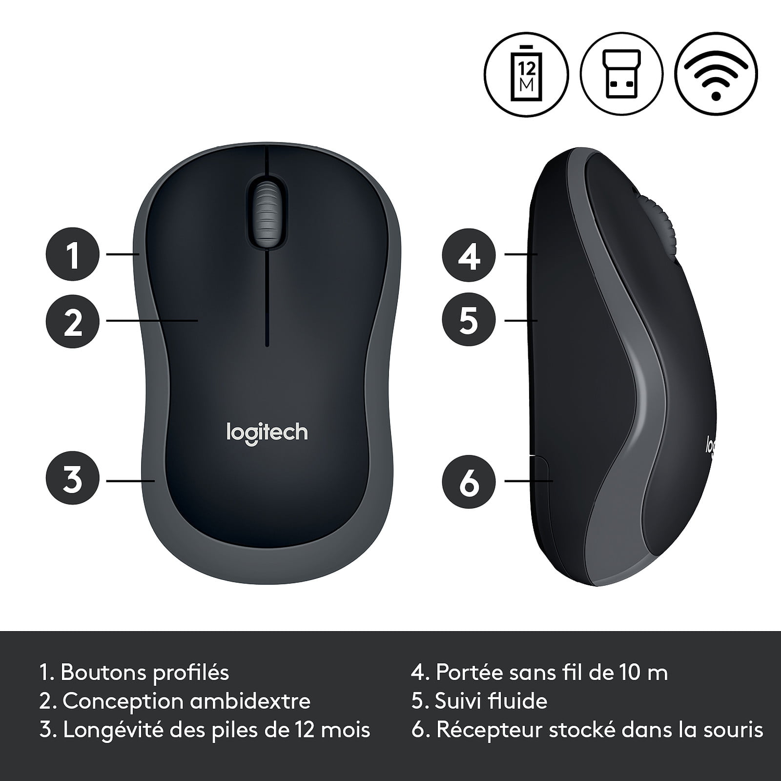 Souris Logitech Wireless M185 (Gris) - Vue 2