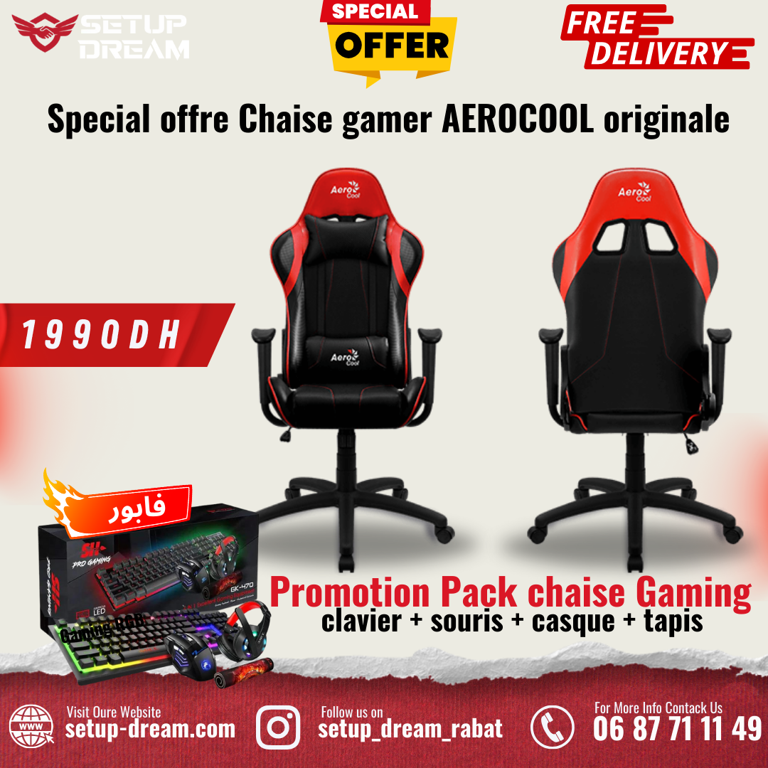 AEROCOOL AC100 AIR Rouge + COMBO GAMER SH (Casque, Clavier, Souris, Tapis)