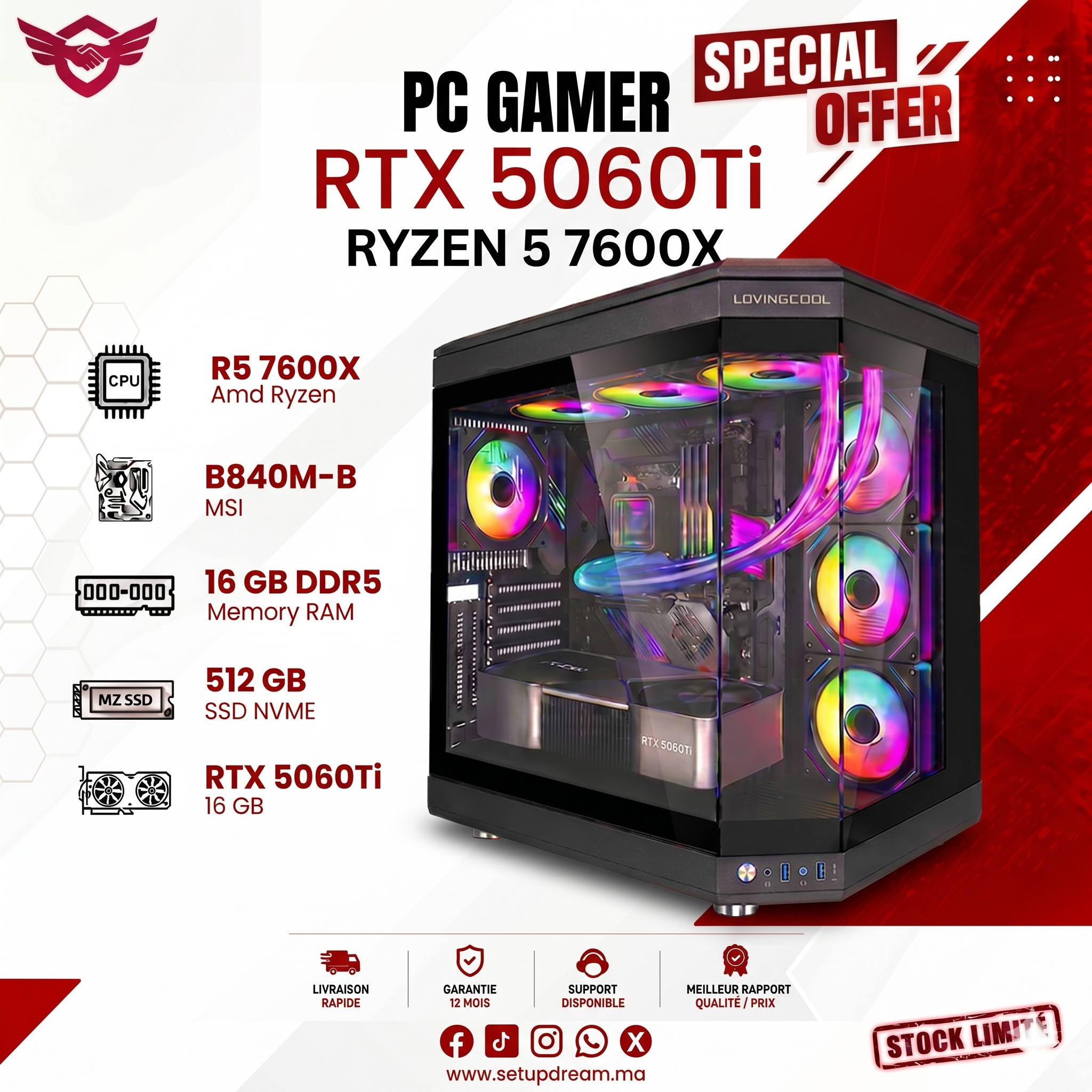 PC Gamer Ryzen 5 7600X + RTX 5060Ti 16GB